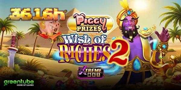 Tampilan visual slot Piggy Prizes Wish of Riches 2 dengan elemen genie dan koin
